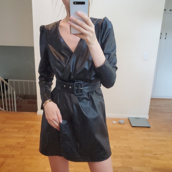 Zara * belted faux leather dress wrap mini black - Picture 4 of 9